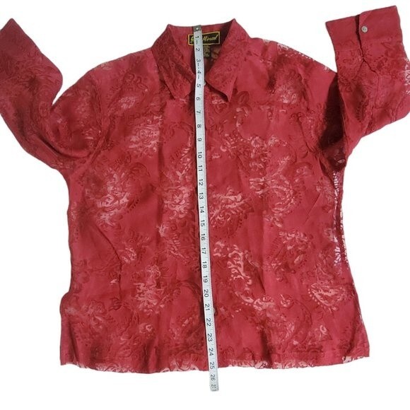 Mirasol Red Floral 3/4 Sleeve Semi-Sheer Button-Up Top Sz M - Picture 14 of 14